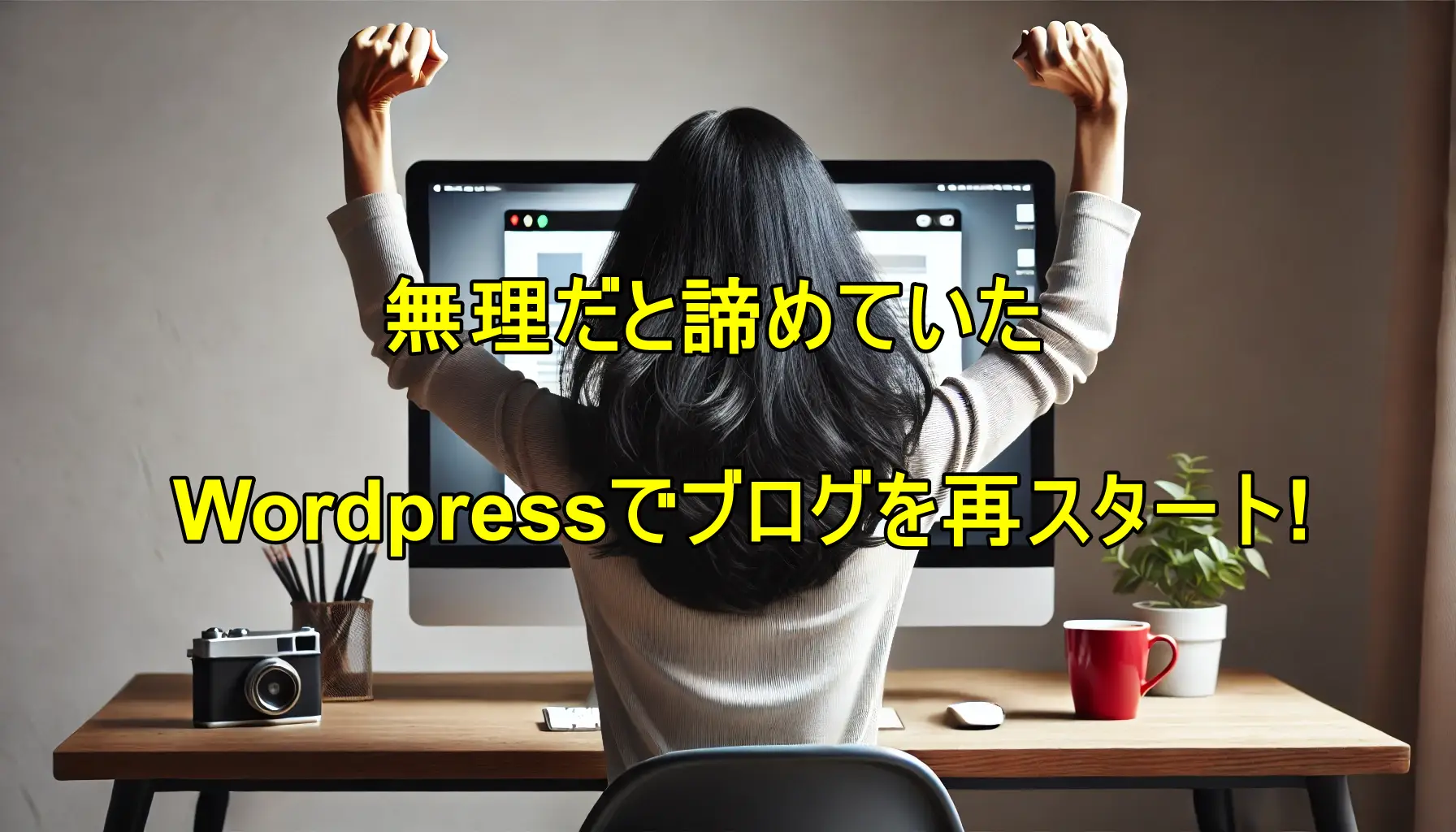 Wordpressでブログを立ち上げて両手を挙げて喜んでいる女性。
