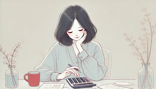 年金を繰り上げ受給しようかどうしようか電卓をたたきながら悩んでいる女性。