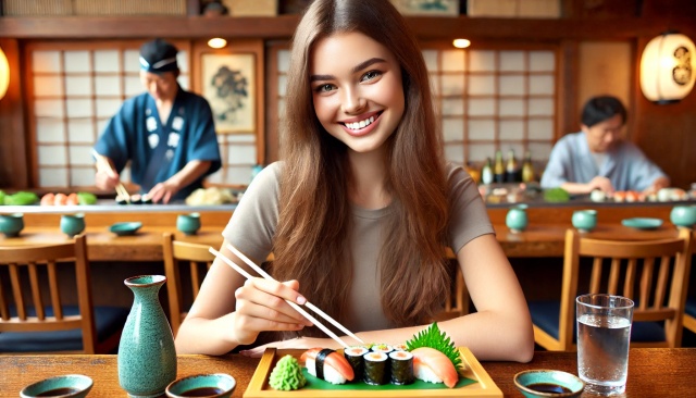 女性が美味しそうにお寿司を食べています。