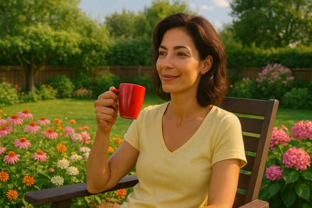 広い庭のベンチでコーヒーを飲んでいる女性。