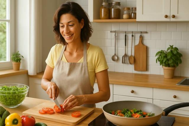 頭の中がスッキリして嬉しそうに食事の支度をする女性