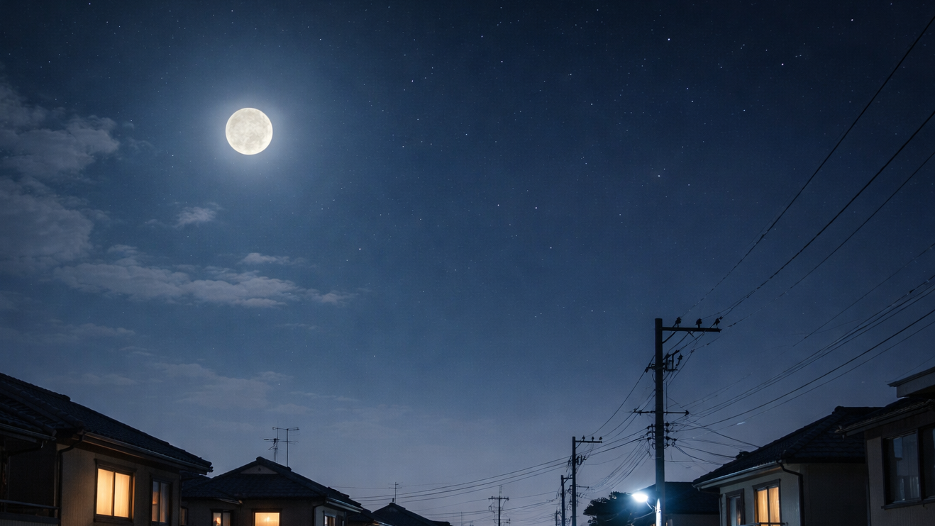 暗くなった町並みと夜空
